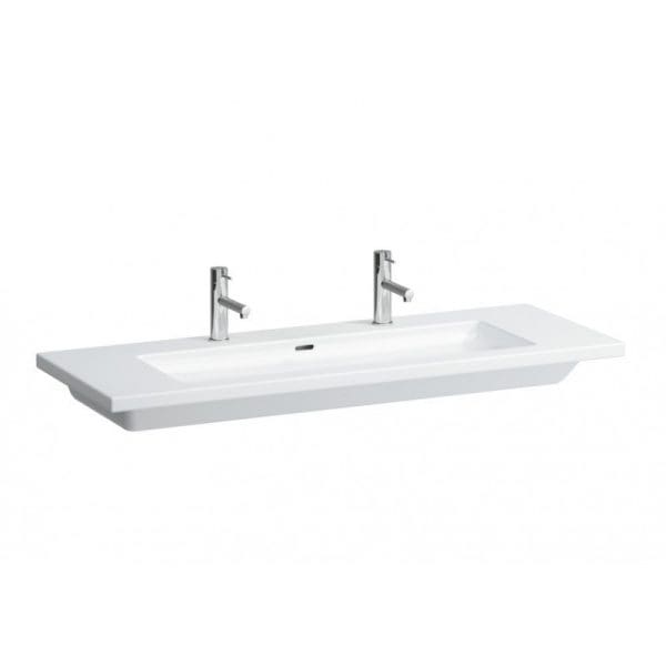 Dubbele wastafel voor in meubel 1300x480 mm, met 2 kraangaten, wit - dubbele wastafel 1300x480 mm