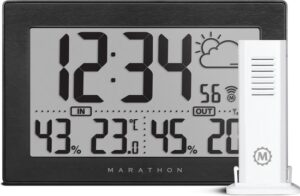 Marathon- Geneva- Wandklok/bureauklok- Grote cijfers- Binnen-en buitentemperatuur- Binnen-en buitenvochtigheidsgraad- Geleverd met thermo-hygrosensor- Verbinding Tot 3 sensoren- Radiogestuurde klok-Proudly Canadian